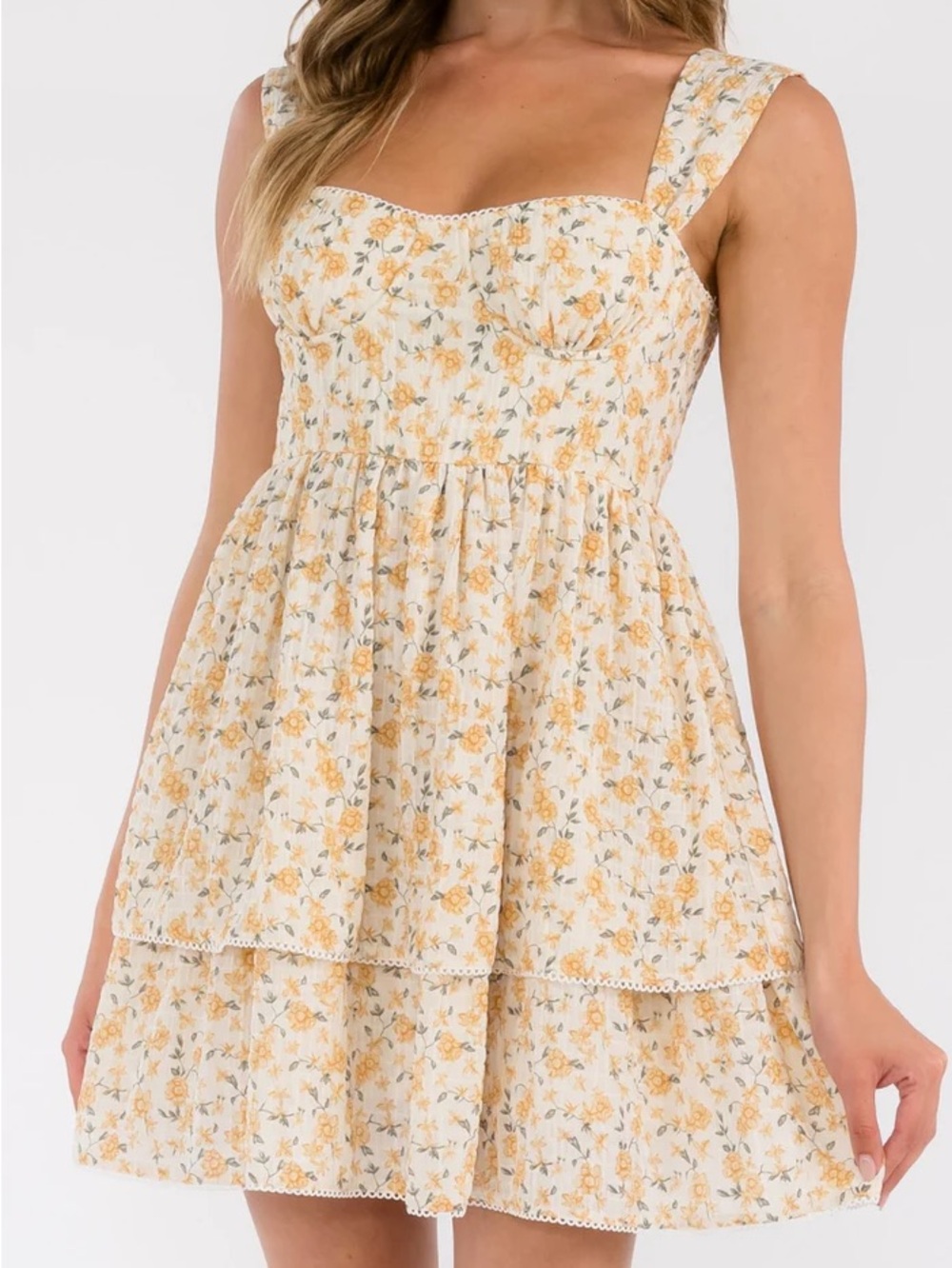 Floral Tiered Mini Dress - Yellow
